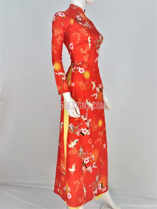 Áo Dài Gấm Đỏ Hoa Xuân | Red Ao Dai Vietnamese