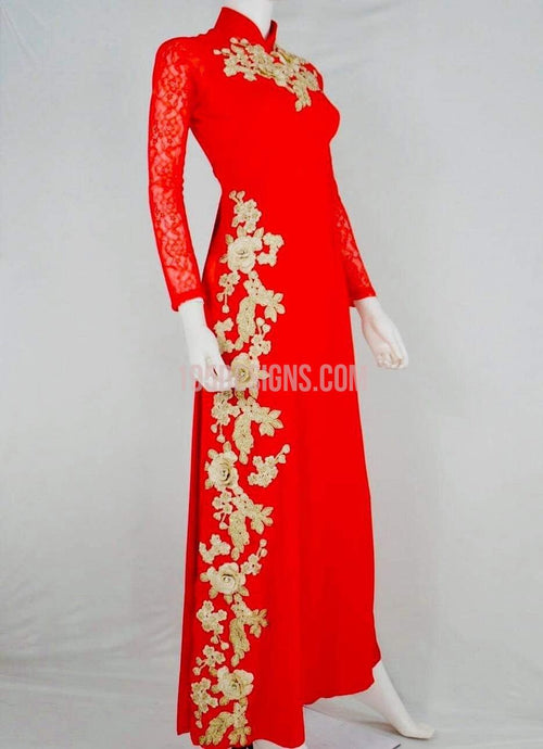 Ao Dai Ren Đỏ Hoa Vàng | Red Lace Ao Dai with Gold Flower Vietnamese Traditional Long Dress