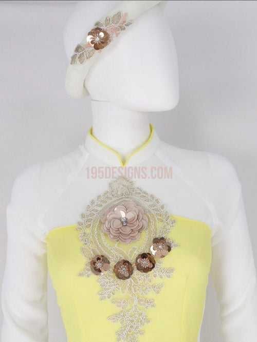 Ao Dai Embroidered Flower Vàng | Áo Dài Vàng Trắng có Mấn