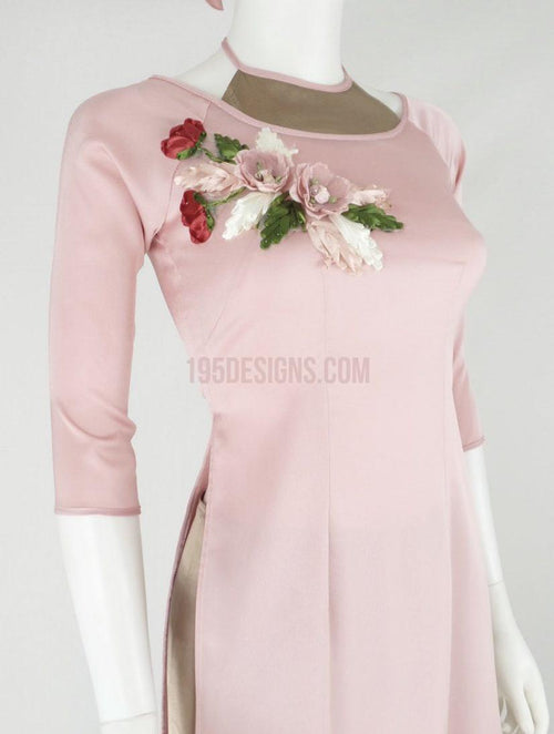 Ao Dai Embroidered Flower Brow | Áo Dài Nâu Hồng có Mấn