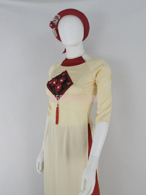 Ao Dai Embroidered Flower Red | Áo Dài Đỏ có Mấn