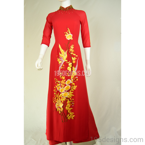 ÁO DÀI Đỏ PHA LÊ Hoa VÀNG may 2 lớp | Red AO DAI Yellow FLOWER LUNAR NEW YEAR