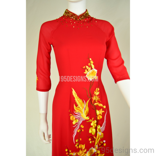 ÁO DÀI Đỏ PHA LÊ Hoa VÀNG may 2 lớp | Red AO DAI Yellow FLOWER LUNAR NEW YEAR