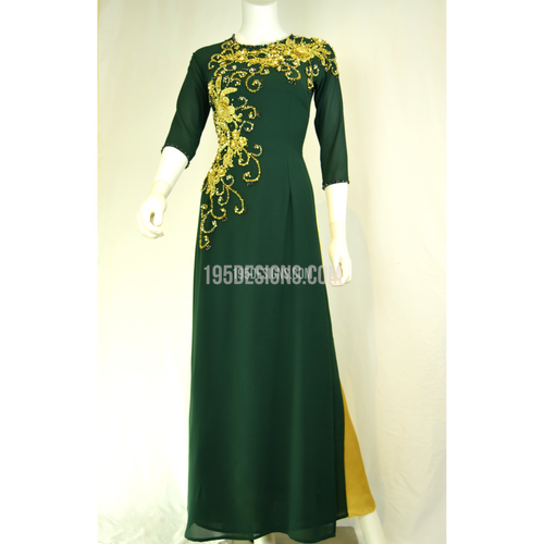 ÁO DÀI Xanh PHA LÊ Kết Hoa VÀNG | Green AO DAI Yellow FLOWER LUNAR NEW YEAR