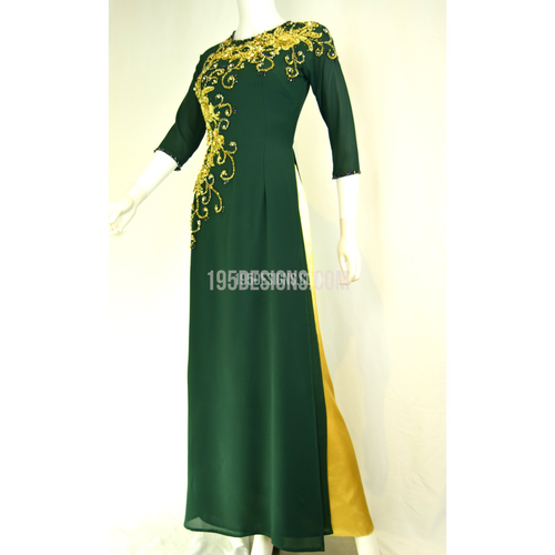 ÁO DÀI Xanh PHA LÊ Kết Hoa VÀNG | Green AO DAI Yellow FLOWER LUNAR NEW YEAR