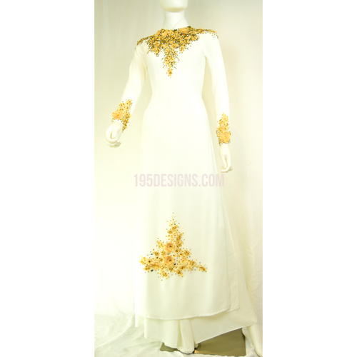 ÁO DÀI Trắng Kết Hoa Đá Pha Lê Vải cao cấp may 2 lớp |White AO DAI Crystal