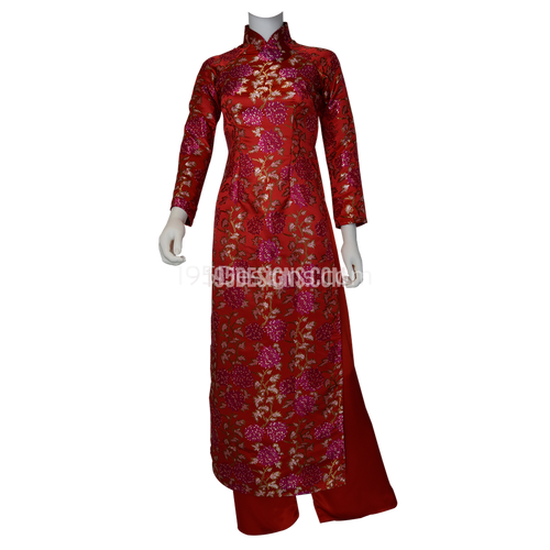 Red Embroidered Silk Chrysanthemum Flower New Year Set | Gấm Đỏ Hoa Cúc Tết