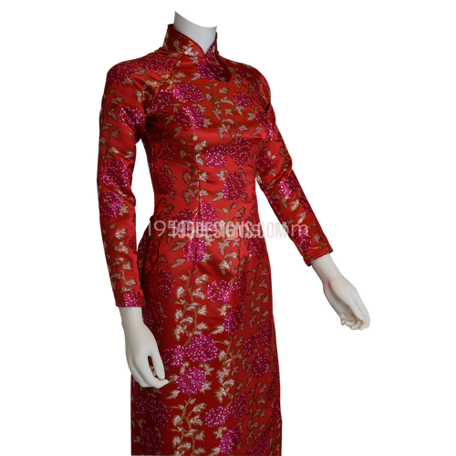 Red Embroidered Silk Chrysanthemum Flower New Year Set | Gấm Đỏ Hoa Cúc Tết