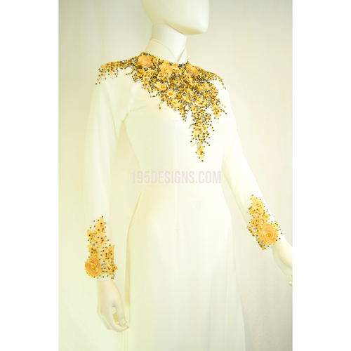 ÁO DÀI Trắng Kết Hoa Đá Pha Lê Vải cao cấp may 2 lớp |White AO DAI Crystal
