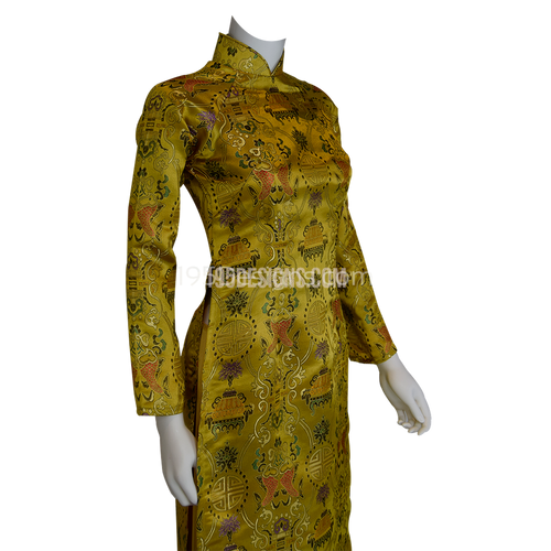 Yellow Brocade Silk Gold Fish New Year Set | Gấm Cá Vàng Tết