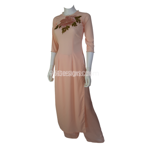 Peach Ao Dai Vietnamese Long Dress with Flower Set Bridemaid