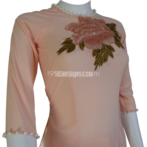 Peach Ao Dai Vietnamese Long Dress with Flower Set Bridemaid