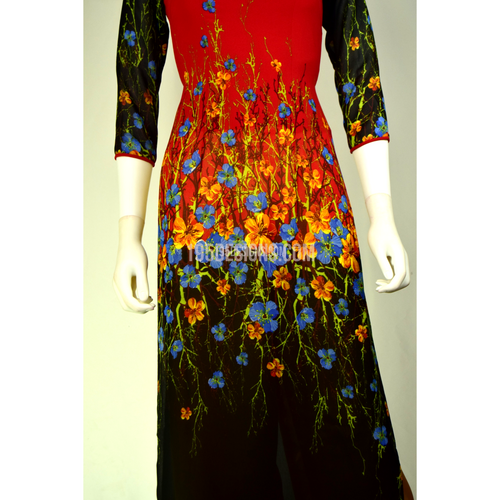 Áo Dài Hoa Rơi Đỏ Đen | Red Ao Dai Printed Flower Lunar New Year