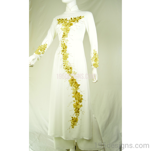 ÁO DÀI Trắng Kết Hoa Đá Pha Lê Vải cao cấp may 2 lớp |White AO DAI Gold Flower Crystal