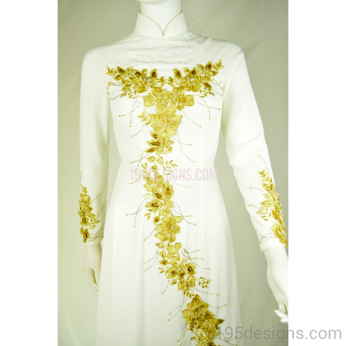 ÁO DÀI Trắng Kết Hoa Đá Pha Lê Vải cao cấp may 2 lớp |White AO DAI Gold Flower Crystal