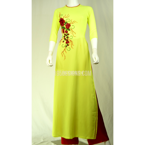 Áo Dài Hoa Đỏ Pha Lê Vàng Chanh| Yellow Lemon Ao Dai Red Flower Lunar New Year