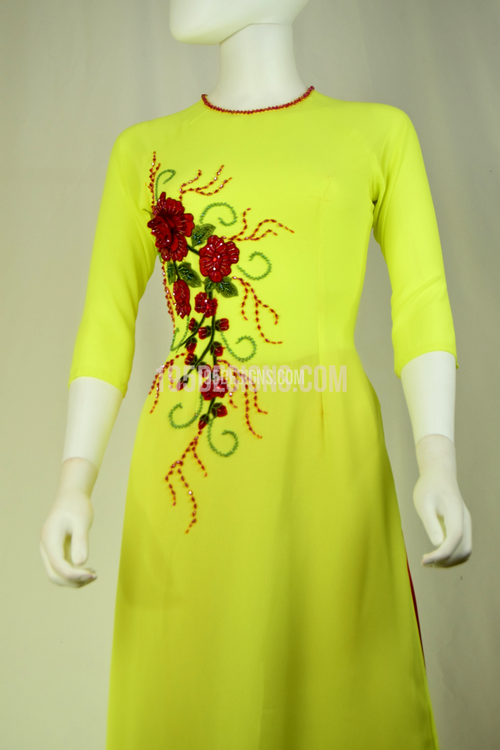 Áo Dài Hoa Đỏ Pha Lê Vàng Chanh| Yellow Lemon Ao Dai Red Flower Lunar New Year