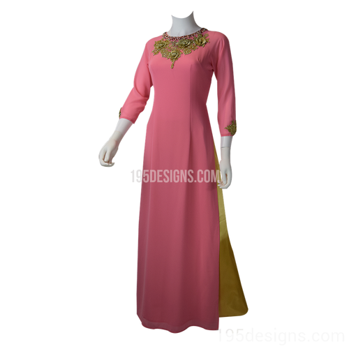 Pink Ao Dai Gold Flower Crystal on Neck Vietnamese Long Dress - Ao Dai Ket Hoa Hat Da