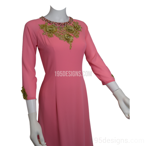 Pink Ao Dai Gold Flower Crystal on Neck Vietnamese Long Dress - Ao Dai Ket Hoa Hat Da