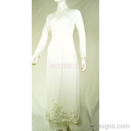 Áo Dài Trắng Ket Đá Pha Lê | White Ao Dai Crystal Voile Sleeve