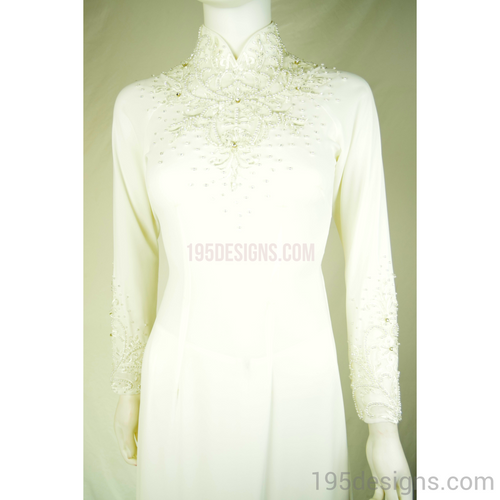 Áo Dài Trắng Ket Đá Pha Lê | White Ao Dai Crystal Voile Sleeve