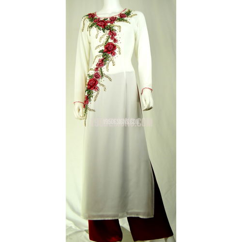 ÁO DÀI HOA Trắng PHA LÊ  Hoa Đỏ | White AO DAI Red FLOWER LUNAR NEW YEAR