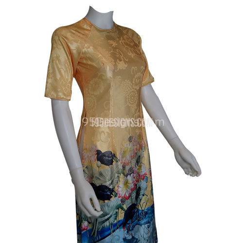 Peach Embroidered Fabric Ao Dai Lotus Flower Modern Lunar New Year | Tết Cách Tân Áo Dài Vải Gấm