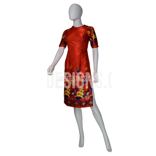 Red Ao Dai Apricot Blossom Flower and Bird Modern Lunar New Year | Tết Vải Gấm