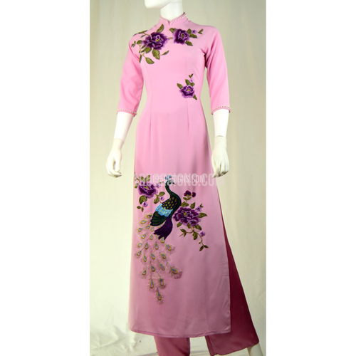 Pink ÁO DÀI HOA Con Công PHA LÊ  | Pink Lavender AO DAI Crystal LUNAR NEW YEAR