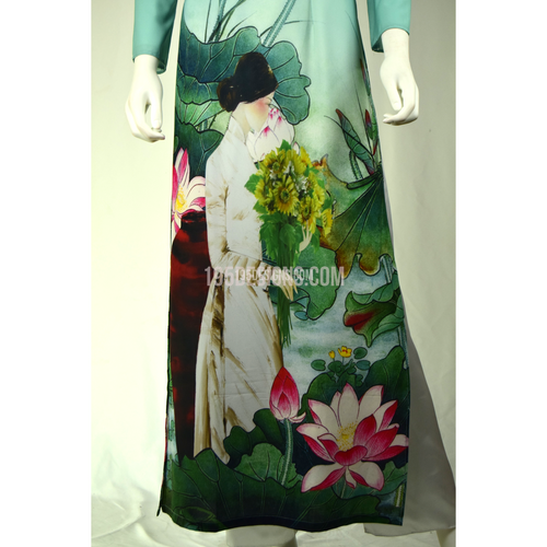 Xanh ÁO DÀI In Hoa Sen 3D  | Sky Blue AO DAI print Lotus flower Set