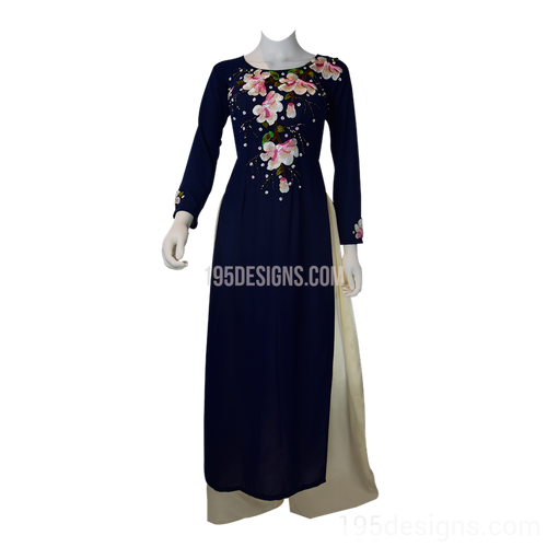 Blue Ao Dai Cherry Blossom Flower Crystal Vietnamese Long Dress - Theu Hoa Ket Hat Da
