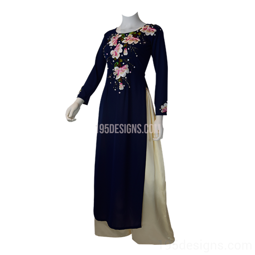 Blue Ao Dai Cherry Blossom Flower Crystal Vietnamese Long Dress - Theu Hoa Ket Hat Da