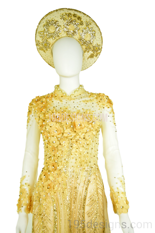 ÁO DÀI Cưới Kem Vàng cao cấp Tay Von Kết Đá Pha Lê| Champagne color AO DAI Crystal Wedding