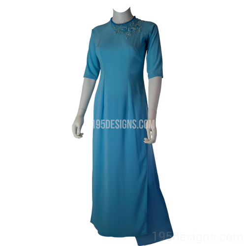 Ao Dai Vietnamese Long Dress Set - Sky Blue with Lace Flower and Blue Pearl
