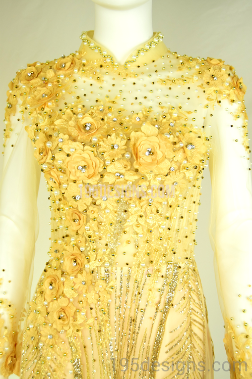 ÁO DÀI Cưới Kem Vàng cao cấp Tay Von Kết Đá Pha Lê| Champagne color AO DAI Crystal Wedding