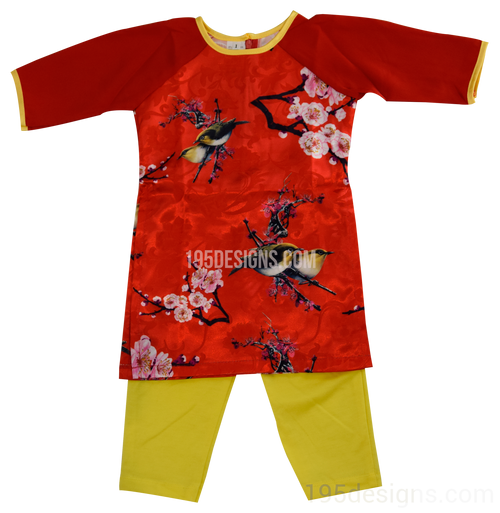 Ao Dai Baby Vietnamese Viet Nam Traditional Long Dress Kid Set - Red  Lunar New Year