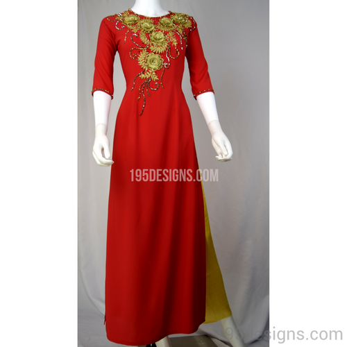Red Ao Dai Gold Flower Crystal - Ao Dai Đỏ Kết Đá Pha Lê