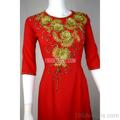 Red Ao Dai Gold Flower Crystal - Ao Dai Đỏ Kết Đá Pha Lê