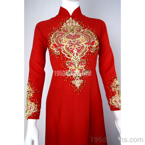 Red Ao Dai Red Crystal Gold Flower Wedding- Ao Dai Kết Đá Pha Lê Cô Dâu