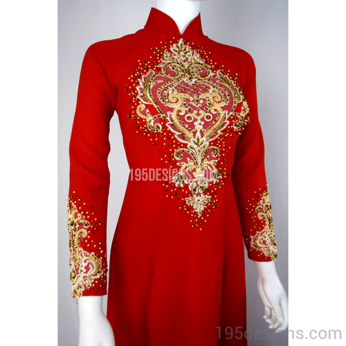 Red Ao Dai Red Crystal Gold Flower Wedding- Ao Dai Kết Đá Pha Lê Cô Dâu