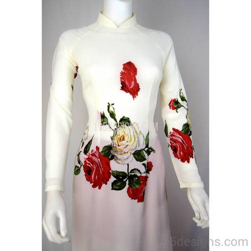 White Ao Dai Roses Flower - Ao Dai Hoa Hồng Đỏ