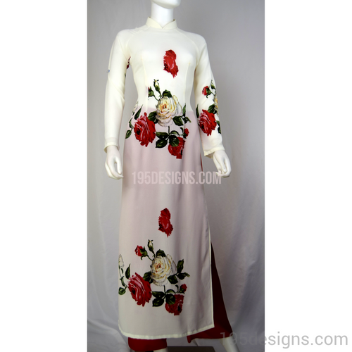 White Ao Dai Roses Flower - Ao Dai Hoa Hồng Đỏ