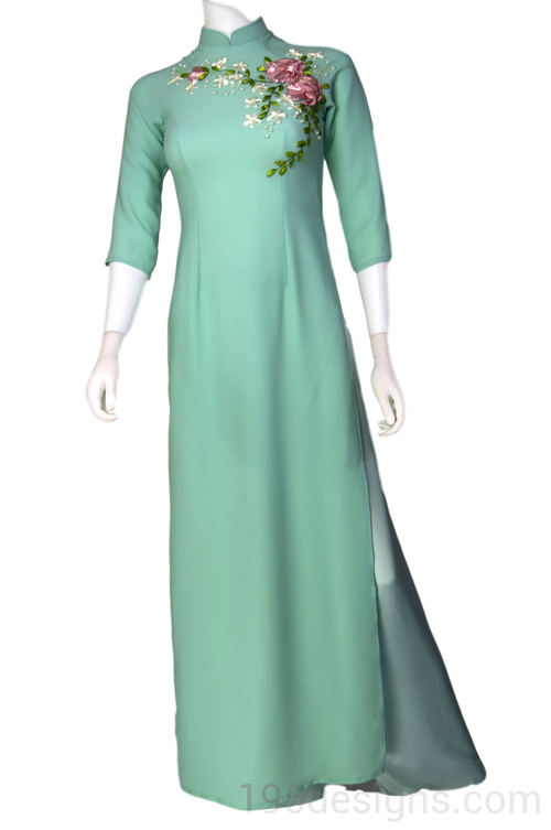 Blue Mint Ao Dai Xanh Ket Hoa Ribbon
