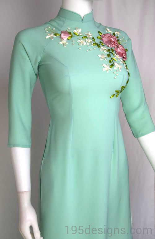 Blue Mint Ao Dai Xanh Ket Hoa Ribbon