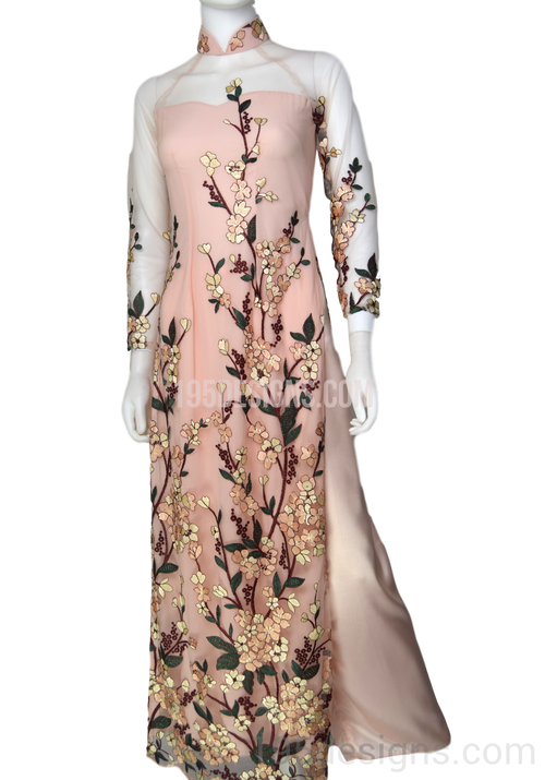 Ao Dai Ren | Peach Lace Ao Dai Vietnamese Traditional Long Dress