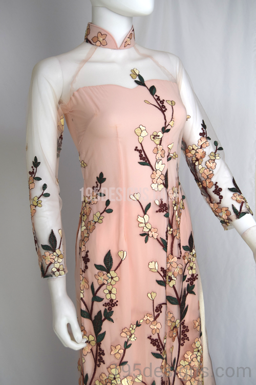 Ao Dai Ren | Peach Lace Ao Dai Vietnamese Traditional Long Dress