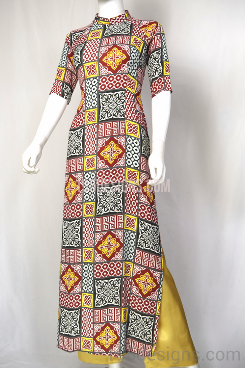 Ao Dai Cô Ba Sài Gòn Gạch Bông Vàng Đỏ| Yellow Purple