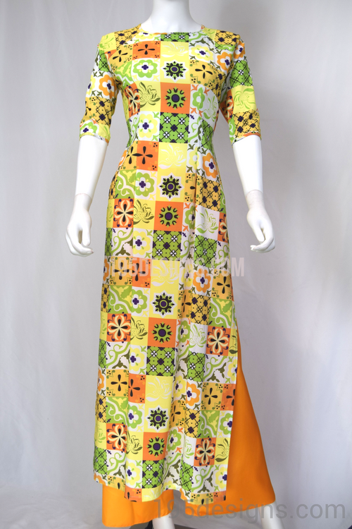 Ao Dai Cô Ba Sài Gòn Gạch Bông Vàng Yellow