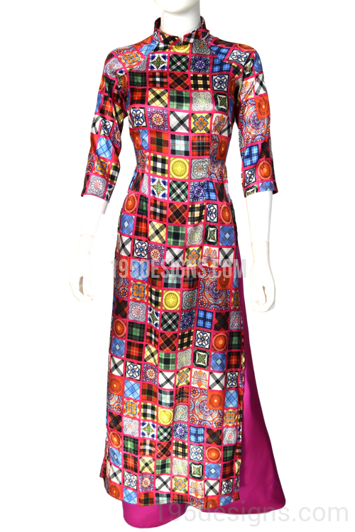 Ao Dai Cô Ba Sài Gòn Gạch Bông Đỏ Hồng | Red Pink