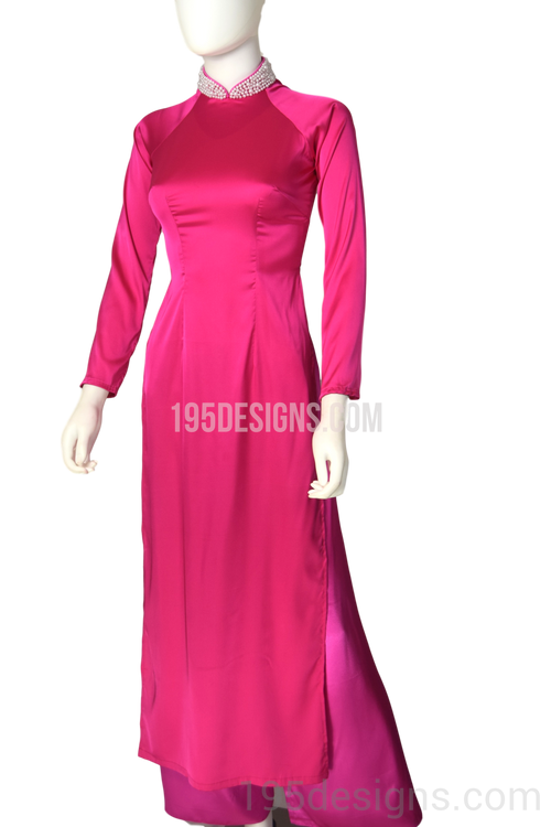 ÁO DÀI Hồng Kết Hột Trai | Hot Pink Ao DAI Peal Neck